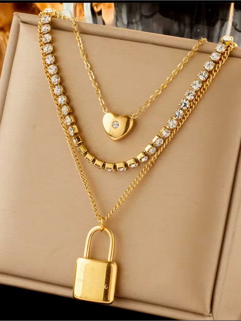 Gold Layered Heart and Padlock Necklace Set